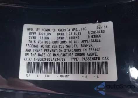 2014 Honda Accord Ex-L z USA, uszkodzony, nr VIN 1HGCR2F82EA234722